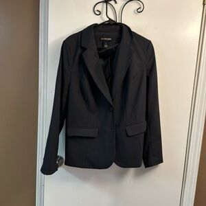 Navy blue pinstriped blazer.